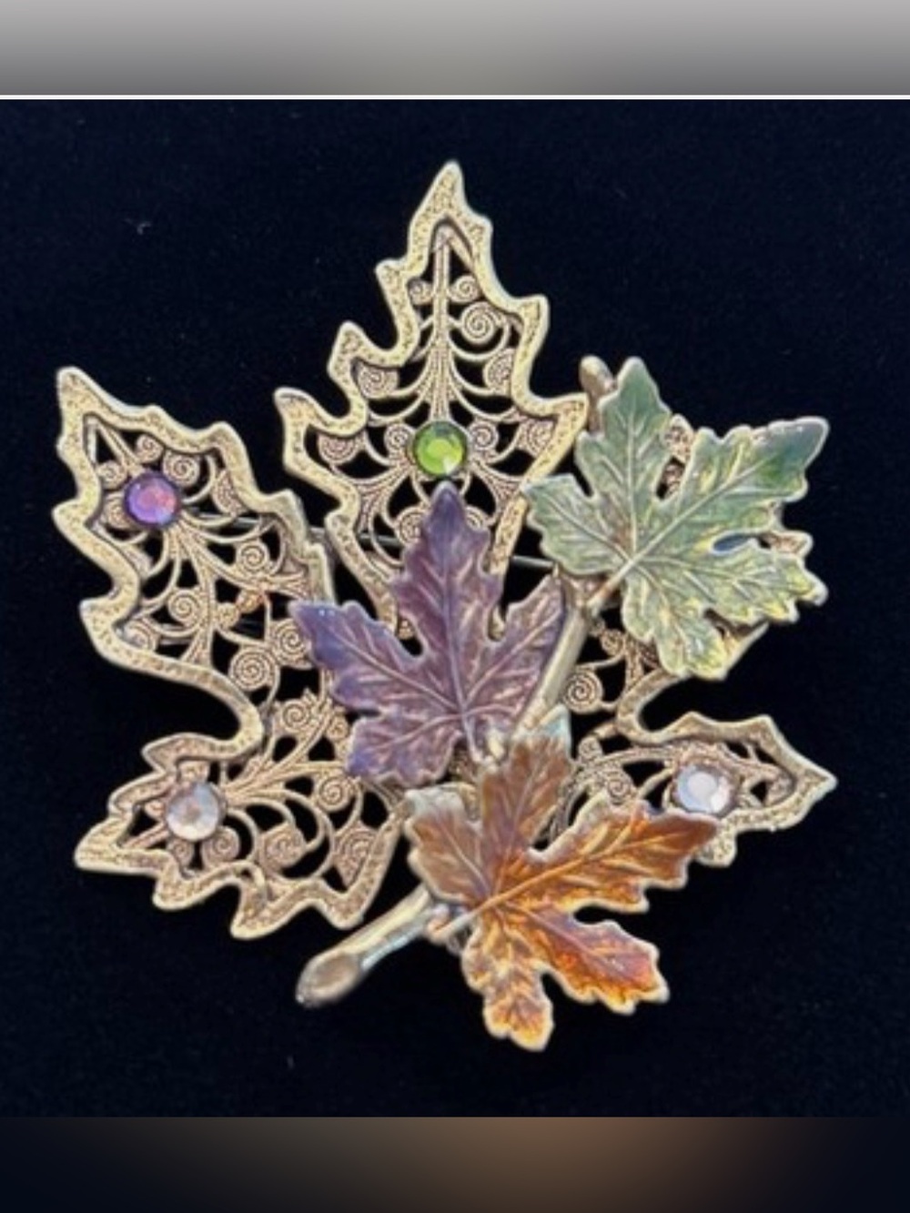 Vintage Kenneth Cole Gold-Tone Filigree Leaf Brooch with Multicolor Enamel